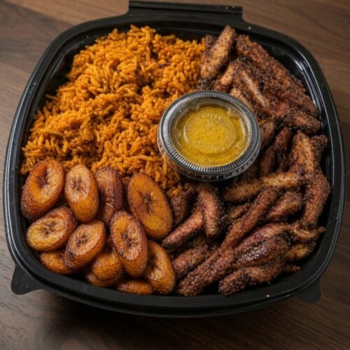 Sedeli Foods jollof suya bowl - Ghanaian jollof rice with spicy suya
