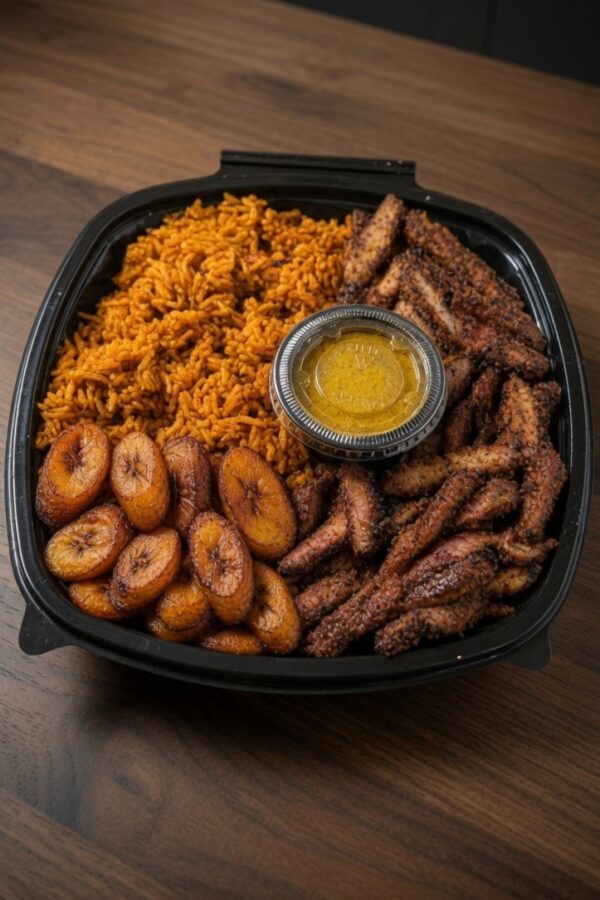 Sedeli Foods jollof suya bowl - Ghanaian jollof rice with spicy suya
